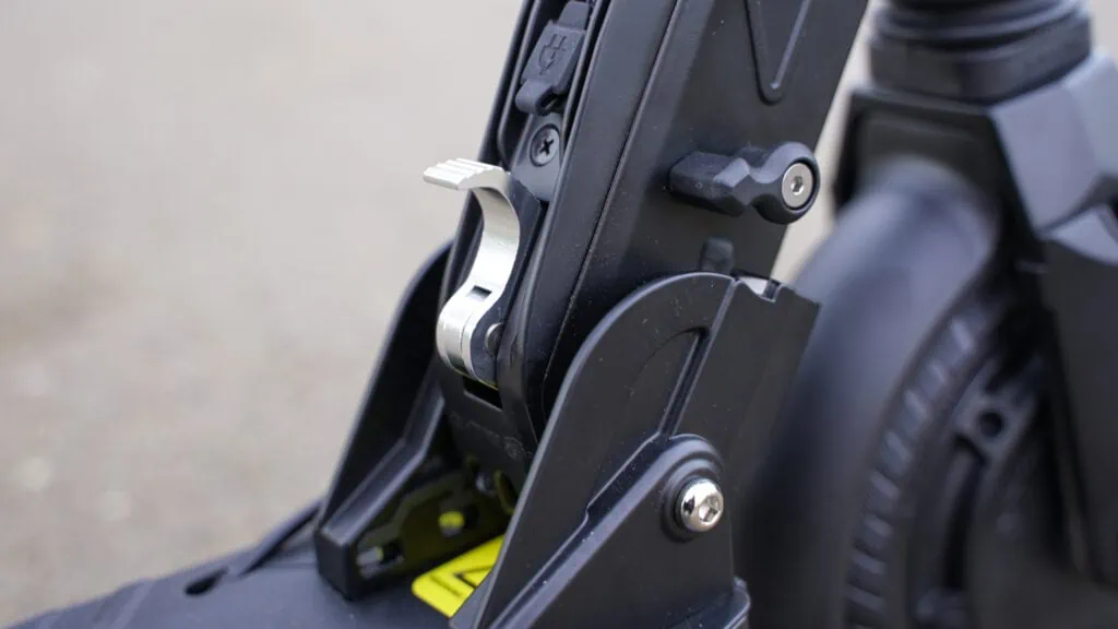 Fluid Mosquito Review: Smaller, Faster, Better? 56 Close-up of the folding mechanism on the Fluid Free Ride Mosquito electric scooter