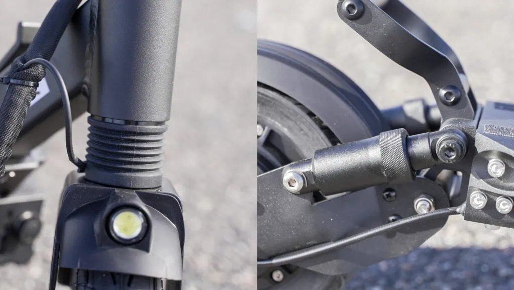 fluid Horizon Electric Scooter Review 37 closeup of front and rear spring suspension on Fluid Horizon