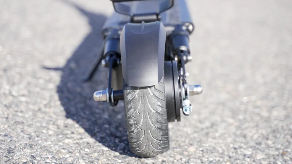 fluid Horizon Electric Scooter Review 36 Closeup of rear solid tire on Fluid Horizon