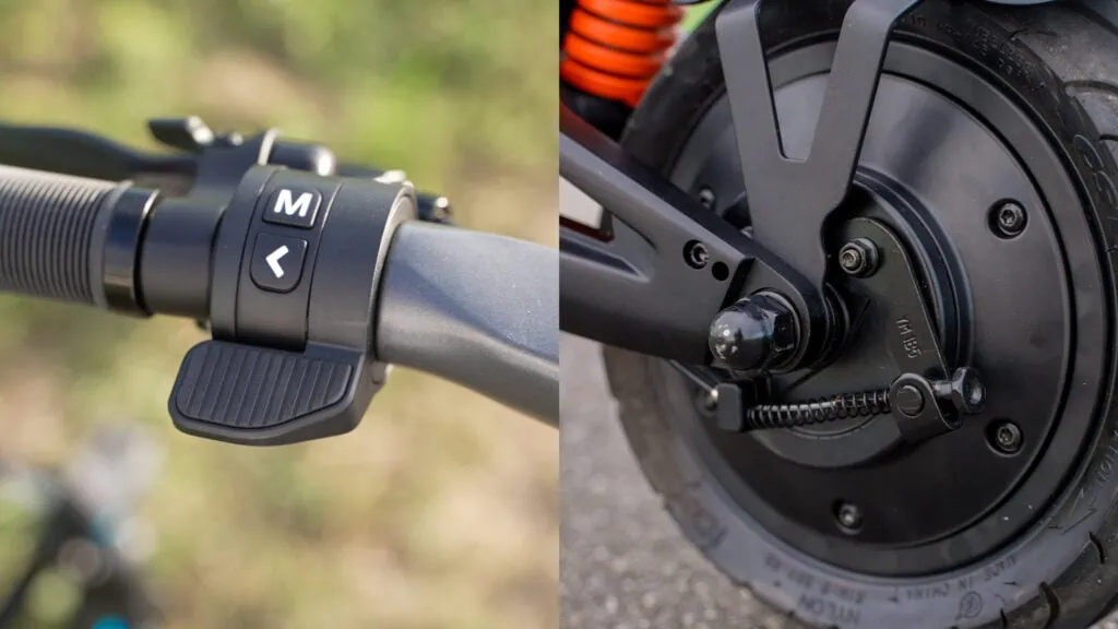 Apollo City Pro Review: My Favorite Dual-Motor Commuter 36 Drum brake closeup and closeup of electronic braking button on the Apollo City Pro 2023