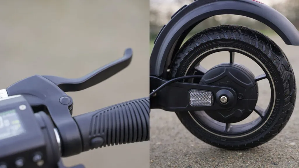 Fluid Mosquito Review: Smaller, Faster, Better? 44 Split image of the Fluid Mosquito with a close-up photo of the drum brake lever on the left and a close-up of the drum brake on the right