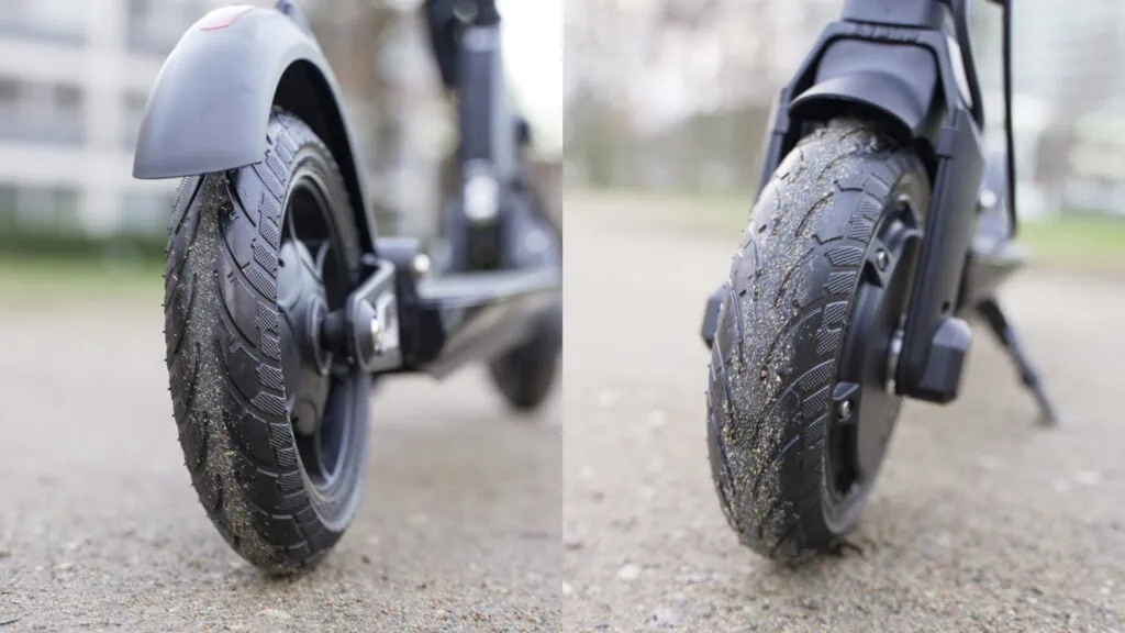 Fluid Mosquito Review: Smaller, Faster, Better? 42 Split image with close-ups of the two solid tires on the Fluid Mosquito with a blurred nature background
