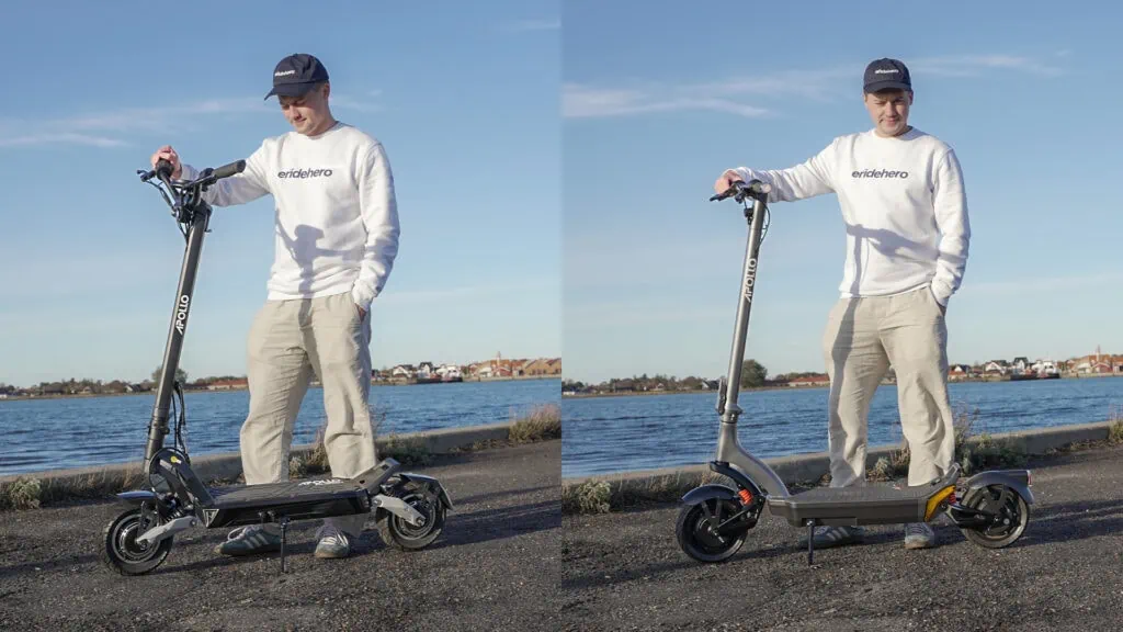 Buying Guide: How To Choose an Electric Scooter 15 Two images of a man next to two different electric scooter models - the Apollo Phantom V3 and Apollo City Pro 2023