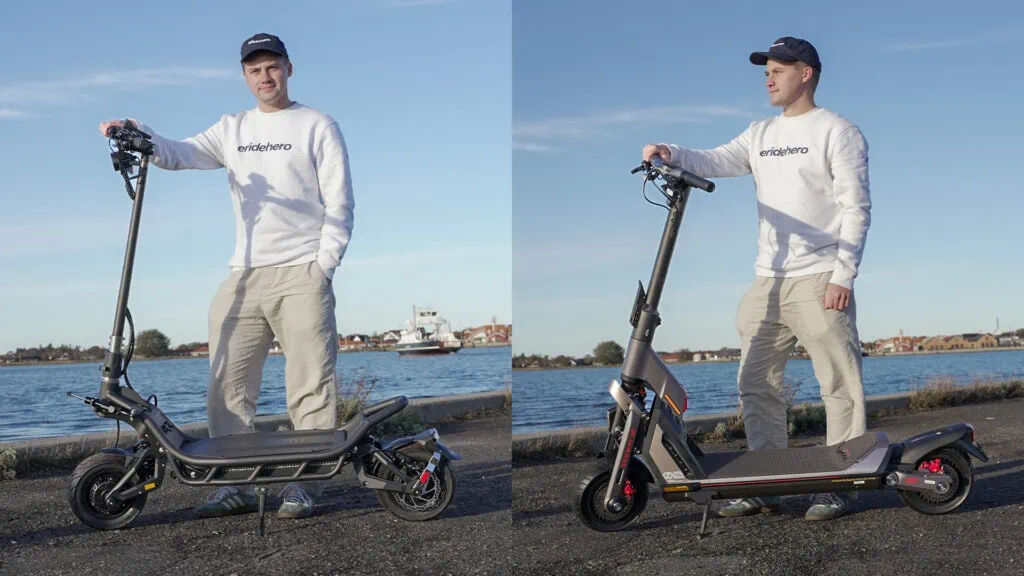 Buying Guide: How To Choose an Electric Scooter 16 Two images of a man next to two different luxury electric scooters - the Nami Burn E 2 Max and Segway GT2
